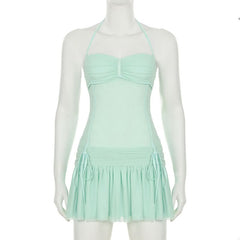 Halter drawstring ruched mesh mini dress