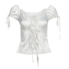 Self tie lace hem ruched top