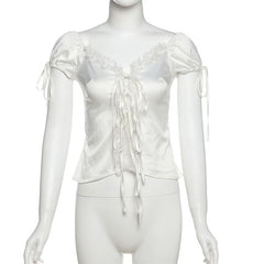 Self tie lace hem ruched top