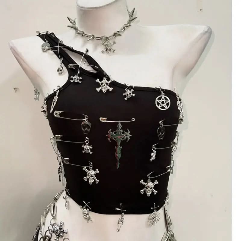 One shoulder cross applique backless top