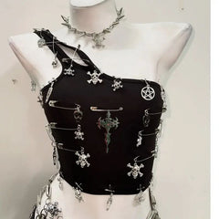 One shoulder cross applique backless top