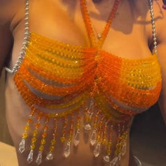 Beaded hollow out tassels backless cami cut out top