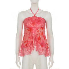 Halter lace hem flower print top