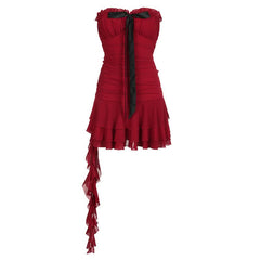 Bowknot ruffle mesh ruched mini dress