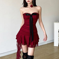 Bowknot ruffle mesh ruched mini dress