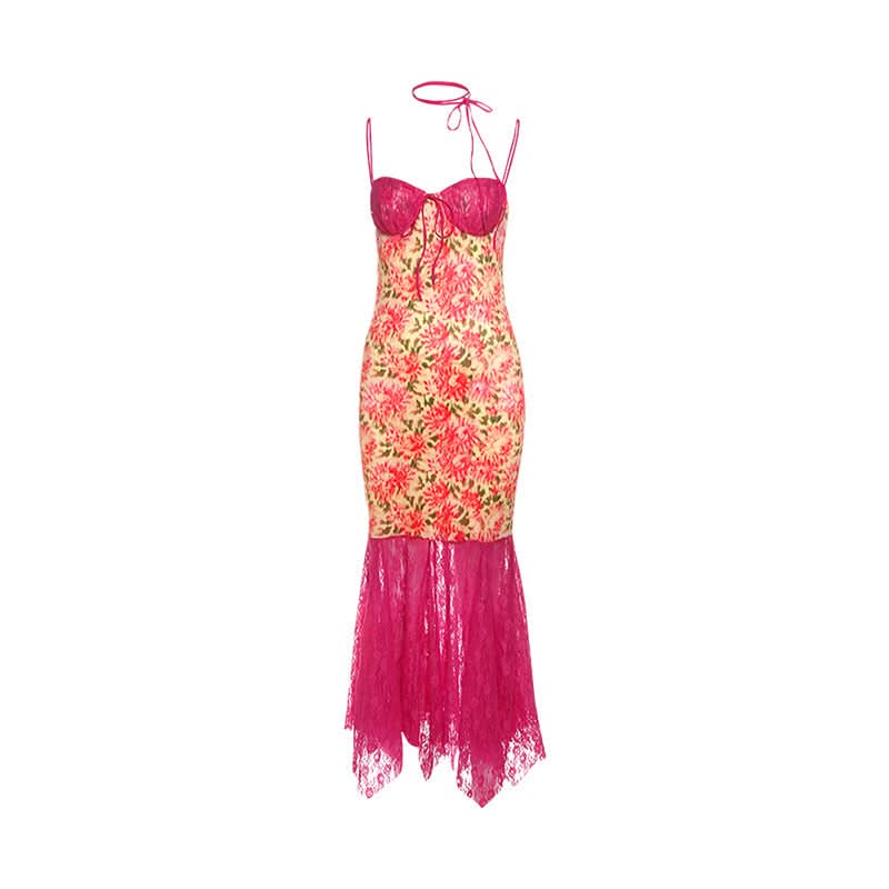 Lace patchwork flower print cami maxi dress