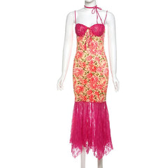 Lace patchwork flower print cami maxi dress