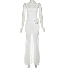 Cowl neck mesh flower applique cami maxi dress