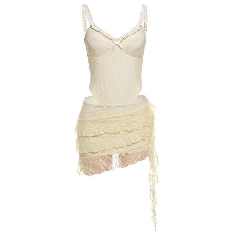 V neck ruffle lace bowknot cami mini skirt set