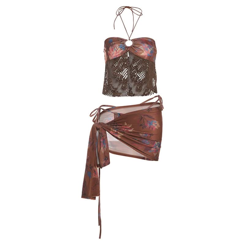 Halter contrast o ring knotted 3 piece mini skirt set