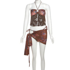 Halter contrast o ring knotted 3 piece mini skirt set