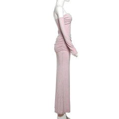 Off shoulder long sleeve glitter ruched maxi dress