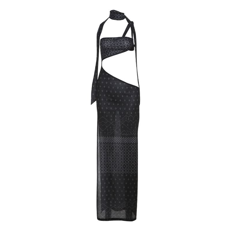 Halter hollow out high slit print cut out maxi dress