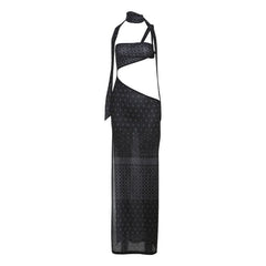 Halter hollow out high slit print cut out maxi dress