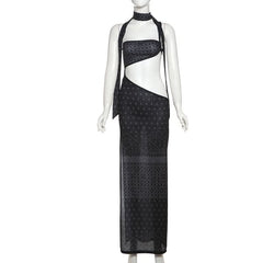 Halter hollow out high slit print cut out maxi dress