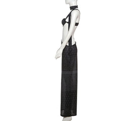 Halter hollow out high slit print cut out maxi dress