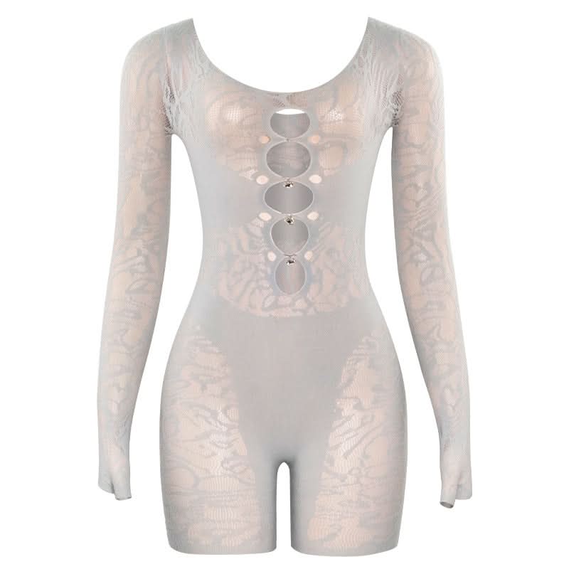 Long sleeve hollow out u neck gloves romper