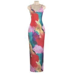 V neck ribbed print backless cami maxi dress
