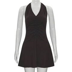 Halter self tie ruched deep V neck mini dress