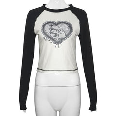 Crewneck long sleeve stitch heart pattern top