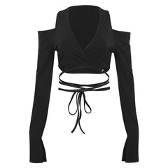 Long sleeve slit v neck off shoulder self tie crop top
