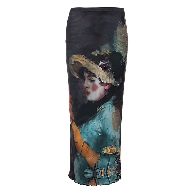 Ruffle character print contrast maxi skirt