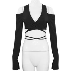 Long sleeve slit v neck off shoulder self tie crop top