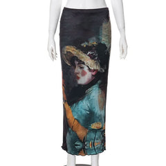 Ruffle character print contrast maxi skirt