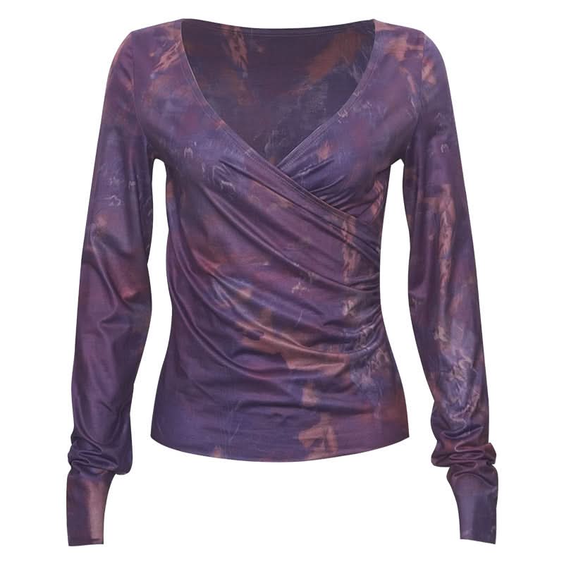Long sleeve ruched v neck print contrast top