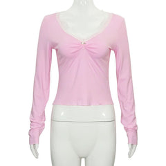Lace hem long sleeve v neck ruched top