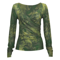 Long sleeve ruched v neck print contrast top