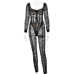 Long sleeve lace see through v neck zip-up jumpsuit
