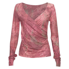 Long sleeve ruched v neck print contrast top