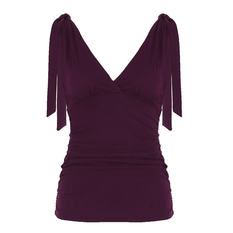 Ruched deep V neck solid self tie tank top