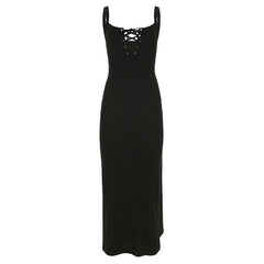Self tie u neck hollow out ribbed slit cami cut out midi dress