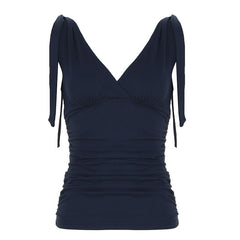 Ruched deep V neck solid self tie tank top
