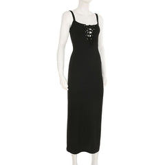 Self tie u neck hollow out ribbed slit cami cut out midi dress