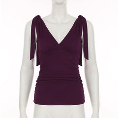 Ruched deep V neck solid self tie tank top