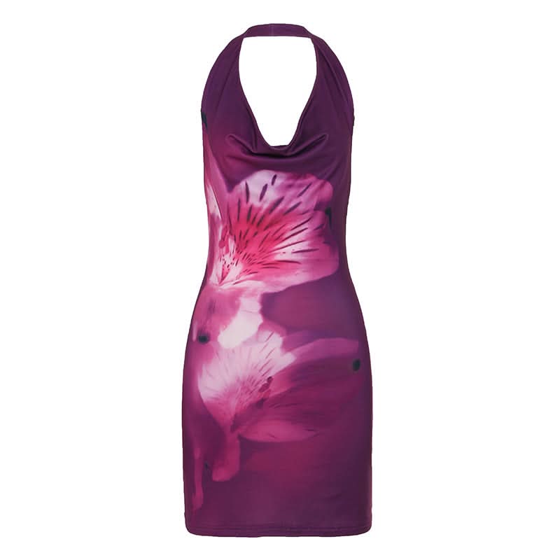 Halter flower print cowl neck backless mini dress
