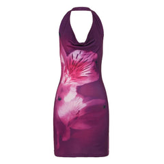 Halter flower print cowl neck backless mini dress