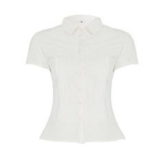 Turnover collar button pleated top