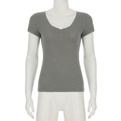V neck short sleeve ribbed top