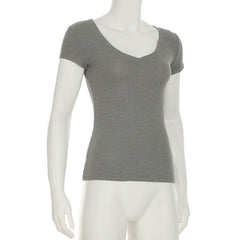 V neck short sleeve ribbed top