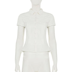 Turnover collar button pleated top