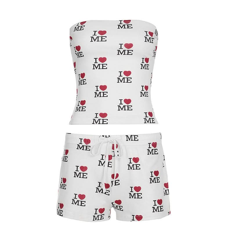 Sweetheart print self tie tube short pant set