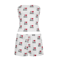 Sweetheart print self tie tube short pant set