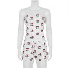 Sweetheart print self tie tube short pant set