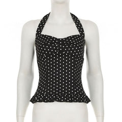 Polka dot halter smocked ruffle top