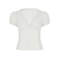 Puff sleeve v neck ruched button lace hem top