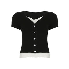 Short pant v neck lace hem button top